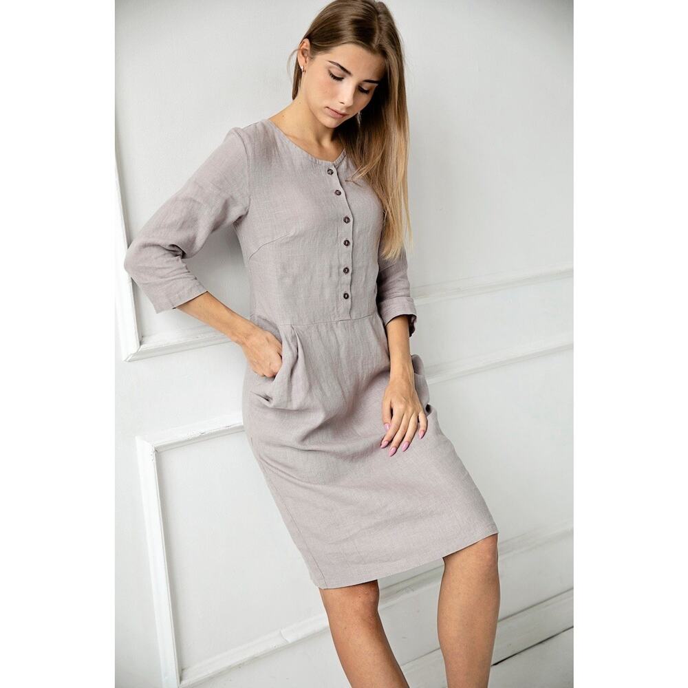 Terzo Millennio 100% Pure Linen Long Sleeve Lightweight Gray DressQuiet Luxury S